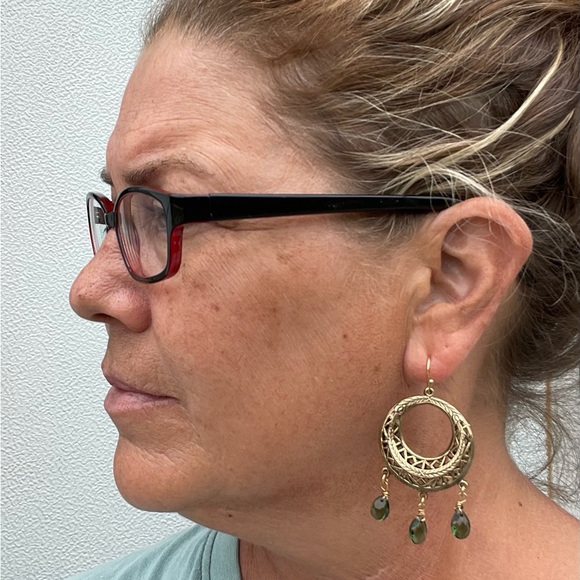 Antique Gold Filigree Earrings - 3 citrine colored glass stones on each earring. - Picture 2 of 8